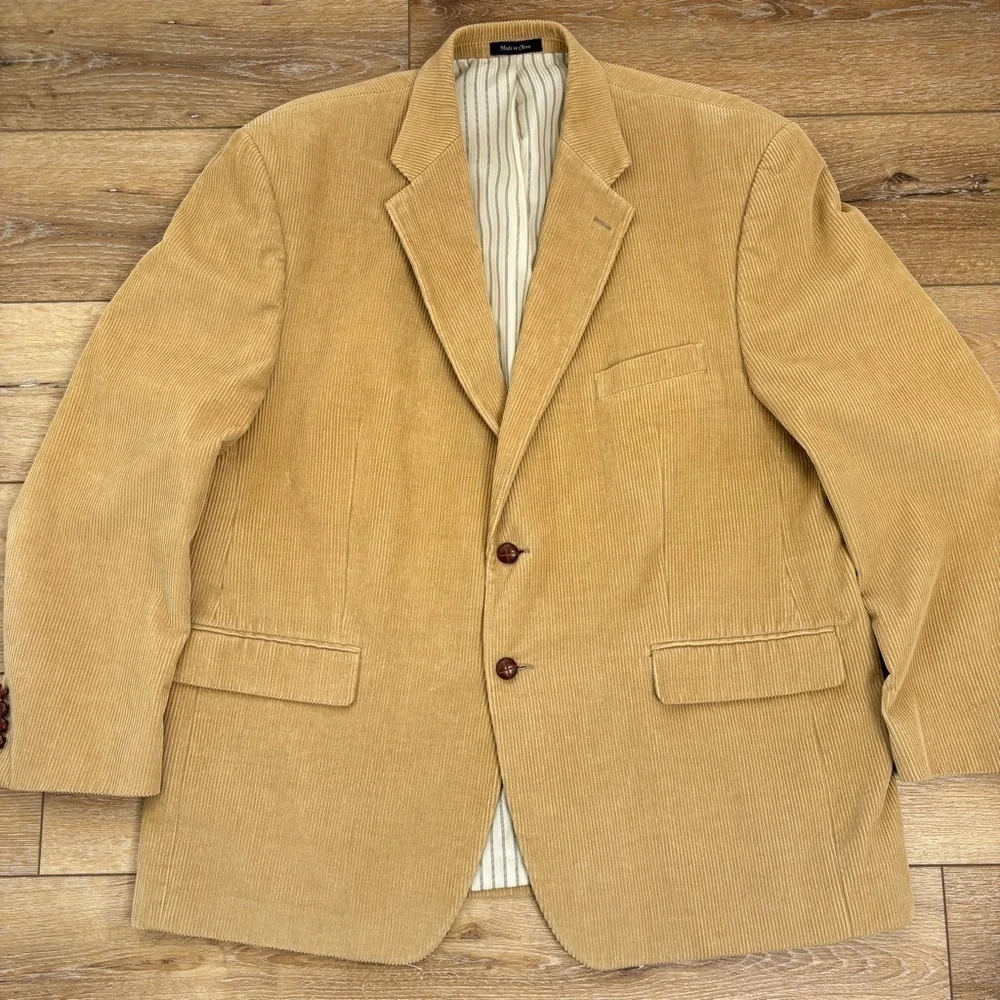 Chaps Blazer Size 48R Tan Corduroy Suit Jacket Sport Coat Leather Buttons